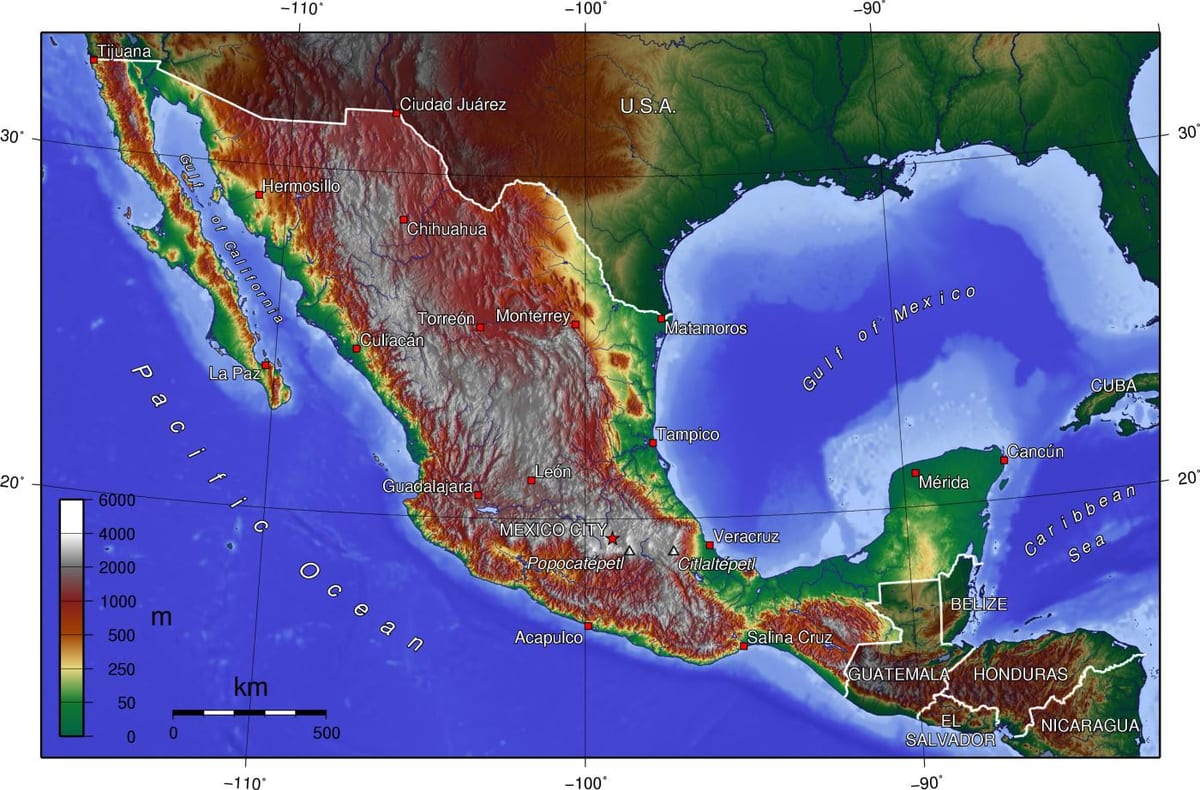 map of Mexico উচ্চতায়